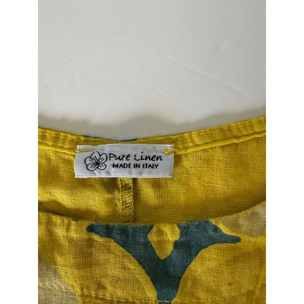 Pure Linen Made in Italy Yellow Blue Geometric  Short Sleeve Blouse Size XL - Picture 3 of 6